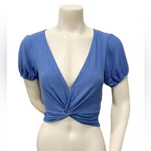 O’Neill Blue Ribbed Twist Front Crop Top Puff Sleeve Small